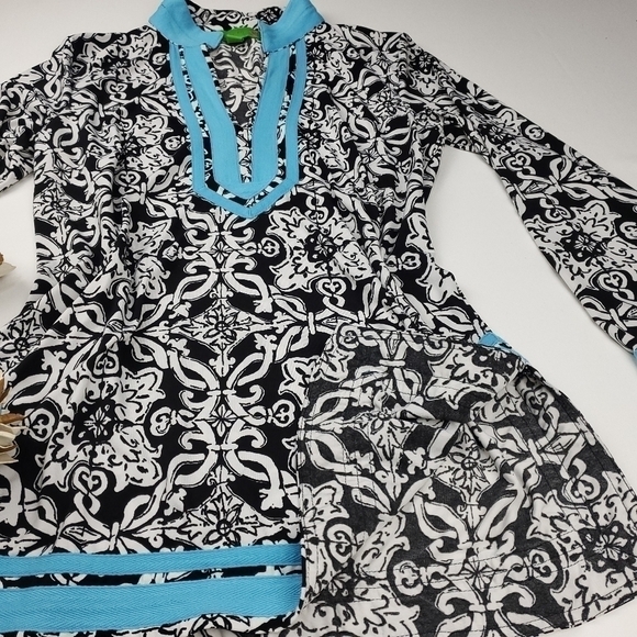 Island Republic Blk Wht Blue Boho Tunic Top Med - Picture 5 of 15